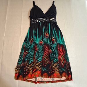 Magic Midi Dress Colorful Peacock Print Size XL